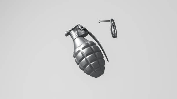 Mock up of metal grenades with shiny reflection 3D rendering, Mock up of metal grenades with shiny reflection, flying in the air and ready to bomb, isolated gray background. hand grenade stock pictures, royalty-free photos & images