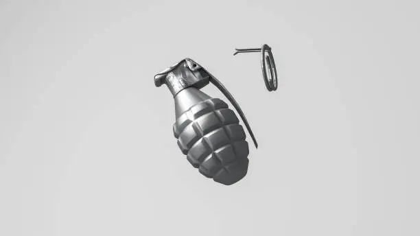 3D rendering, Mock up of metal grenades with shiny reflection, flying in the air and ready to bomb, isolated gray background.