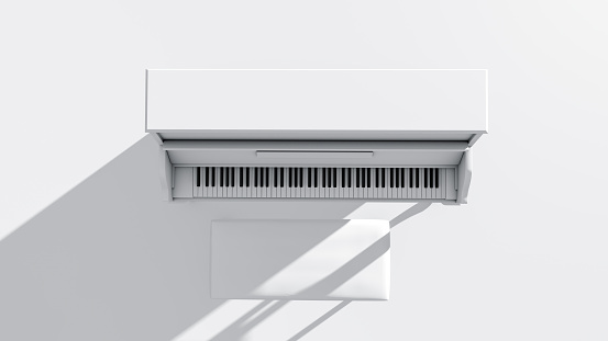 3d rendering, Top view close up of white piano with shadow, white floor background.