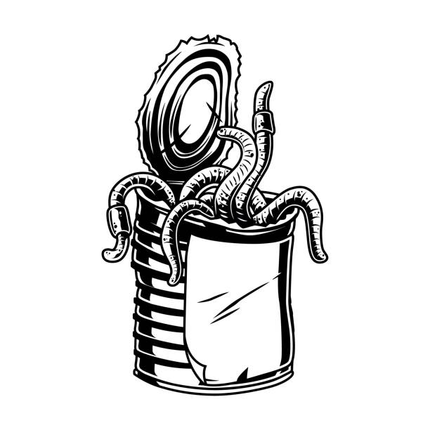 алюминиевая банонная из дождевых червей винтажная концепция - fishing worm stock illustrations