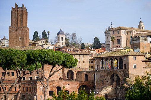 Rome, Italy -- A view of the markets of Emperor Trajan and the Roman Forum, in the historic heart of the Eternal City, in a panoramic photo taken from the Campidoglio (Roman Capitol Hill). Image in HD format.