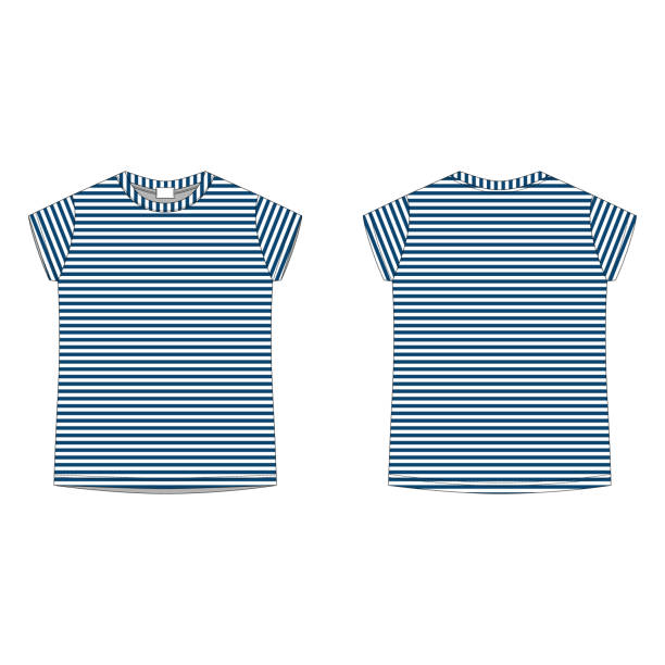 istock Childrens technical sketch tee shirt in blue stripes fabric. T-shirt blank template vector illustration isolated on white background. 1227391513