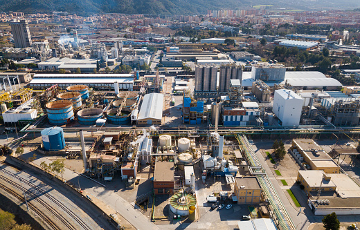 BARCELONA, SPAIN - MARCH 05, 2019: Aerial view of chemical process plant of INOVYN in Martorell manufacturing VCM and PVC