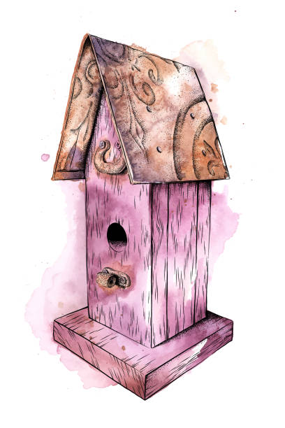 rustikale vogelhaus in aquarell und tinte. eps10 vektor illustration - birdhouse wood isolated white background stock-grafiken, -clipart, -cartoons und -symbole