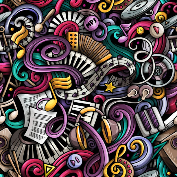 Music Hand Drawn Doodles Seamless Pattern Musical Instruments Background  Cartoon Fabric Print Design Colorful Vector Art Illustration Stock  Illustration - Download Image Now - iStock