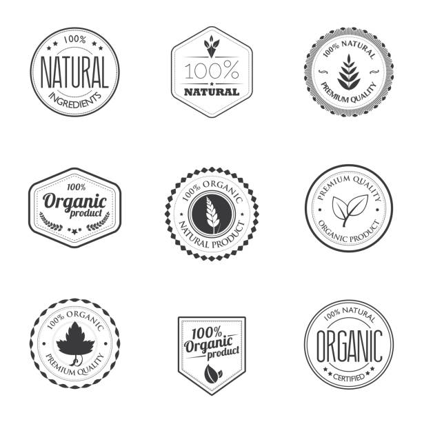 A set of black and white different kind organic product stamps isolated on white.