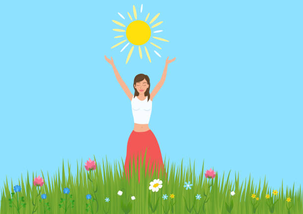illustrazioni stock, clip art, cartoni animati e icone di tendenza di festeggiamo il solstizio d'estate a giugno. - heat beautiful joy happiness