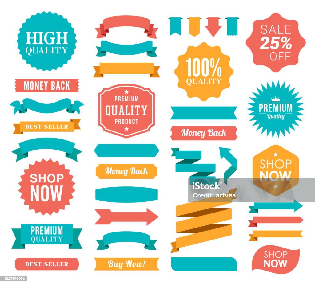 Set of the Ribbons and Badges Vector illustration of the badges and ribbons. Web Banner stock vector