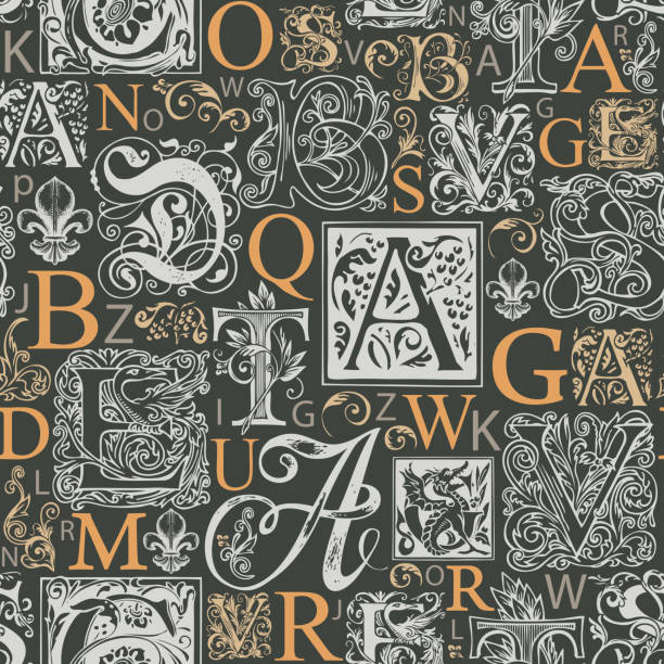 nahtloses muster mit groß- und anfangsbuchstaben - decoration fairy tale alphabet abstract stock-grafiken, -clipart, -cartoons und -symbole