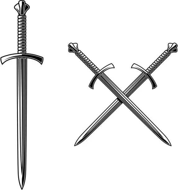 Vector illustration of Illustration of crossed daggers in engraving style. Design element for label, emblem, sign. Vector illustration