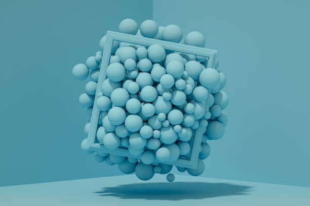 藍色背景上帶框架的 3d 抽象飛行球 - 失重 插圖 個照片及圖片檔