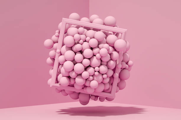 istock 3D Abstract Flying Spheres with Frame on Lilac Background 1227401847