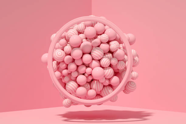 3D Rendering Abstract Large group of Flying Spheres with frame on Pink Background