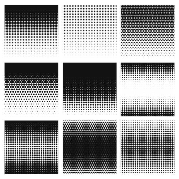 Halftone. Gradient halftone dots graphic, digital technology pattern. Grayscale perforated monochrome honeycomb texture template vector set Halftone. Gradient halftone dots graphic, digital technology pattern. Grayscale perforated monochrome honeycomb geometric texture template vector set hexagon sign pictures stock illustrations