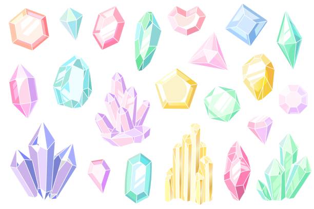 ilustraciones, imágenes clip art, dibujos animados e iconos de stock de cristales y gemas. piedras preciosas rosas y púrpuras, hermosas joyas, estalagmitas de cristal pastel de piedra mineral, elementos vectoriales de dibujos animados geológicos - crystal bright diamond gem