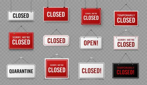 Vector illustration of Closed sign. Information signboard with rope for business, site and service, cafe or restaurant. Covid 19 quarantine warning vector signs