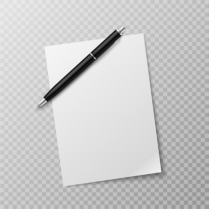 Pen and paper sheet. Blank white paper sheet and ballpoint pen top view mockup. Write message, letter or note realistic vector paperwork template