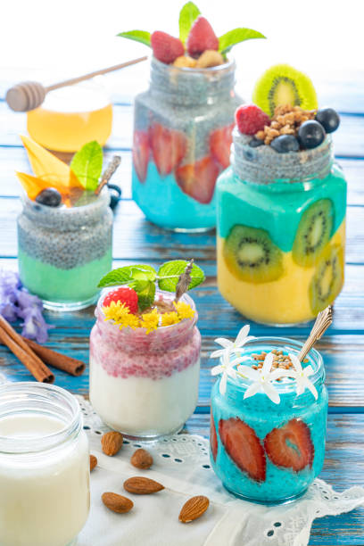 Healthy breakfast yogurt glass container colorful with chia spirulina strawberries