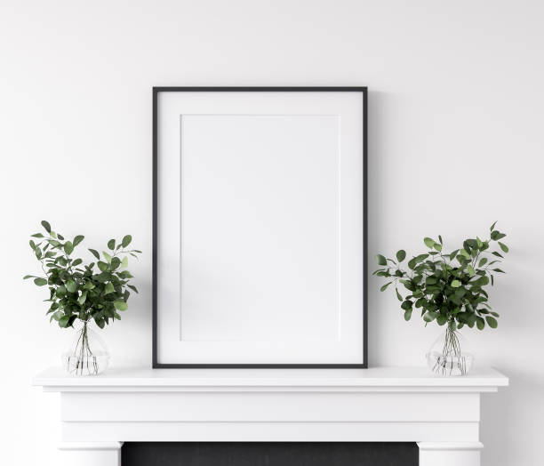 istock Frame mockup with plants standing on fireplace, white living room interior 1227405188