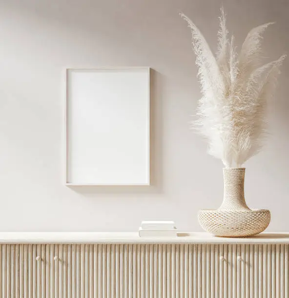 Mock up poster close up in interior background with pampas grass in wicker vase, 3d render