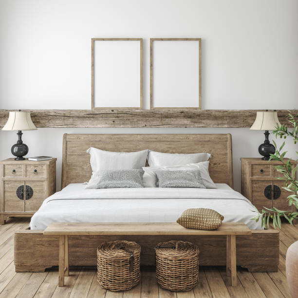 ベッドルームのインテリア背景、ファームハウススタイルでモックアップフレーム - poster bed ストックフォトと画像