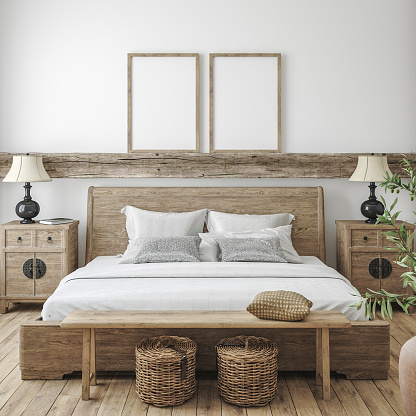 Mockup frame in bedroom interior background, Farmhouse style, 3d render