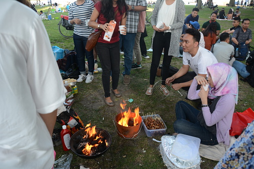 A group of people enjoying the barbeque party at the park open space in Rotterdam, The Netherlands
