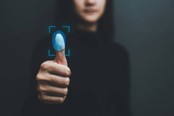 touch screen, fingerprint scanner, biometric identity of a woman's hand in a blurred background . - fingerprint scanner imagens e fotografias de stock