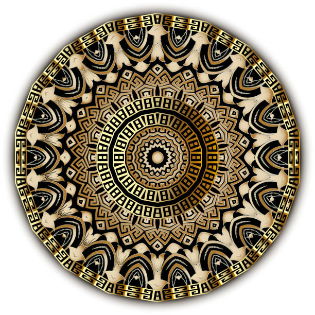istock Gold tribal 3d vector mandala pattern. On white background. Greek key meander ethnic style floral mandala ornament. Frame. Border. Geometric ornate design. Abstract flower. Zigzag lines, dots, shapes 1227407079