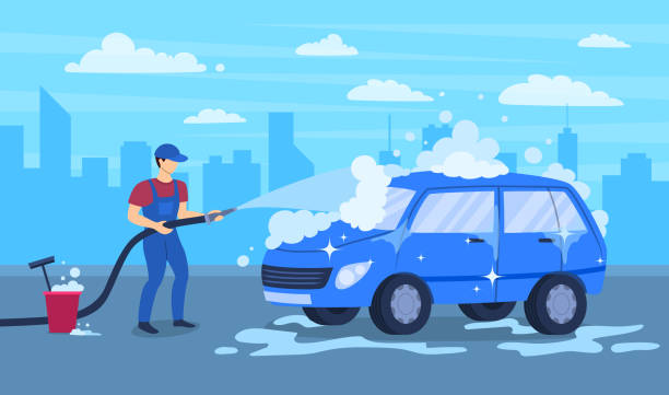 ilustrações, clipart, desenhos animados e ícones de desenho de personagem de cor personagem pessoa masculino lavando conceito de carro. vetor - washing water car cleaning