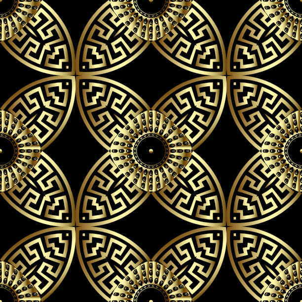 istock Floral gold 3d greek vector seamless pattern. Ethnic ancient style ornamental background. Repeat tribal backdrop. Abstract flowers, mandalas, circles, geometric shapes, Greek key meanders ornaments 1227407772