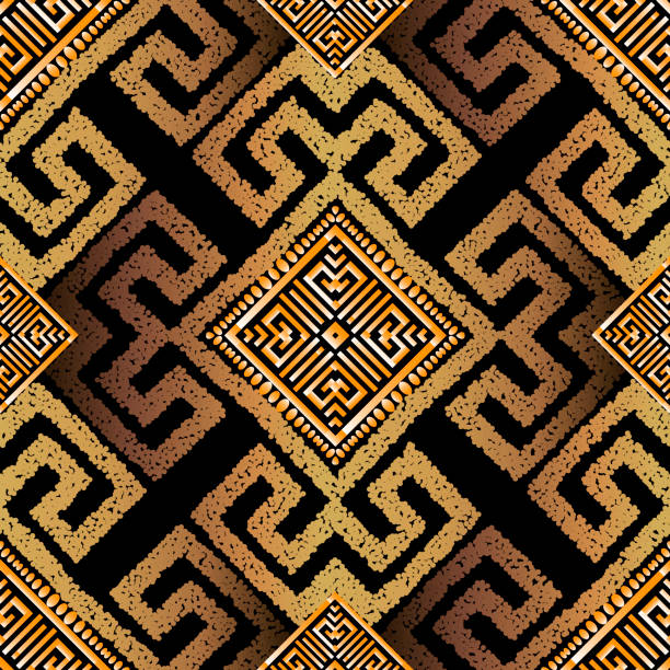 istock Grunge textured gold 3d tribal vector seamless pattern. Geometric modern stipples background. Repeat patterned greek backdrop. Ancient abstract greek key meanders dotted ornaments. Grungy texture 1227408850