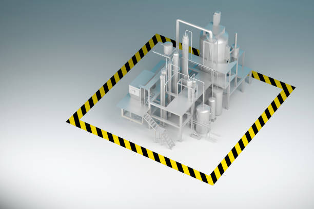 abstract factory building is surrounded by dangerous tape. 3d rendering