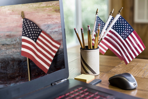 American Flags on working from home desk.