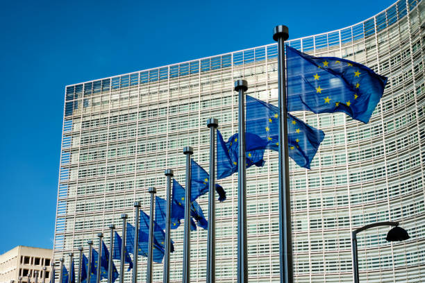 EU flags in front of European Commission European EU flags in front of the Berlaymont building, headquarters of the European commission in Brussels european parliament stock pictures, royalty-free photos & images