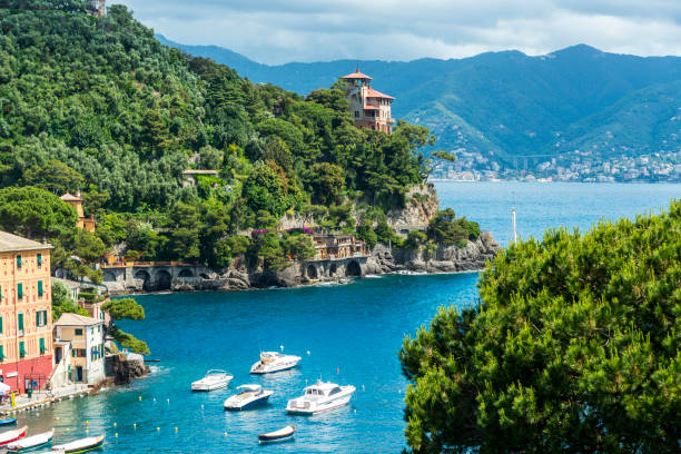 Portofino, Portofino Panoramic view of Portofino, an Italian fishing village, Genoa province, Italy. A tourist place with a picturesque harbour and colorful houses portofino photos stock pictures, royalty-free photos & images