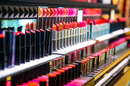 Close-up of large group of lipsticks in a store