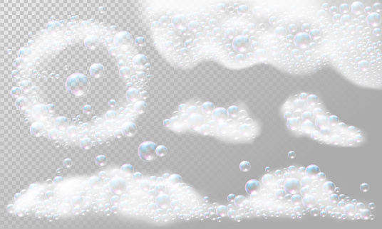 Soap foam with bubbles. Soap foam frame. Set isolated vector illustration