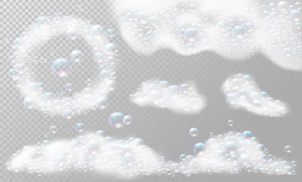 Vector illustration of Realistic Soap foam with bubbles. Soap foam frame