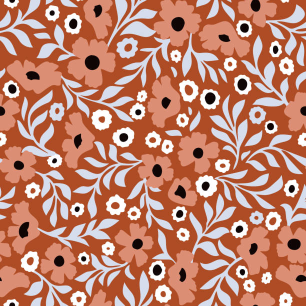 ilustrações de stock, clip art, desenhos animados e ícones de abstract daisy flowers vector background. small size meadow flowers with leaves, branches and stems. floral deamless pattern. flat simple decorative design. folk art, vintage style. - 269