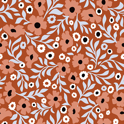 Abstract daisy flowers vector background. Small size meadow flowers with leaves, branches and stems. Floral deamless pattern. Flat simple decorative design. Folk art, vintage style.