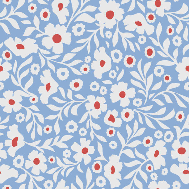 abstrakte gänseblümchen blumen vektor hintergrund. kleine wiesenblumen mit blättern, zweigen und stielen. floral deamless muster. flache einfache dekorative design. volkskunst, vintage-stil. - seamless pattern leaf cute stock-grafiken, -clipart, -cartoons und -symbole