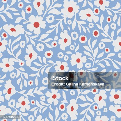 istock Abstract daisy flowers vector background. Small size meadow flowers with leaves, branches and stems. Floral deamless pattern. Flat simple decorative design. Folk art, vintage style. 1227416835