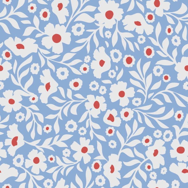 Abstract daisy flowers vector background. Small size meadow flowers with leaves, branches and stems. Floral deamless pattern. Flat simple decorative design. Folk art, vintage style. Abstract daisy flowers vector background. Small size meadow flowers with leaves, branches and stems. Floral deamless pattern. Flat simple decorative design. Folk art, vintage style. floral patterns stock illustrations