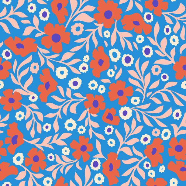 abstrakte gänseblümchen blumen vektor hintergrund. kleine wiesenblumen mit blättern, zweigen und stielen. floral deamless muster. flache einfache dekorative design. volkskunst, vintage-stil. - seamless pattern leaf cute stock-grafiken, -clipart, -cartoons und -symbole