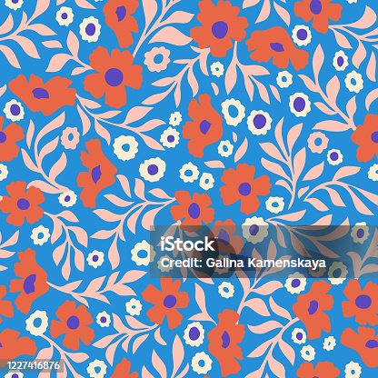 istock Abstract daisy flowers vector background. Small size meadow flowers with leaves, branches and stems. Floral deamless pattern. Flat simple decorative design. Folk art, vintage style. 1227416876