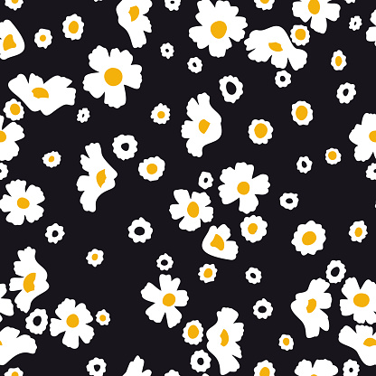 istock Daisy flowers vector background. Small size meadow flowers isolated. Seamless pattern. Flat simple design. 1227416966