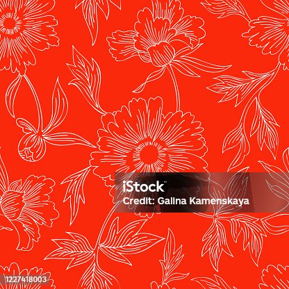 istock Hand drawn abstract garden flowers. Contour drawing. Large daisy heads in bloom. Summer floral seamless pattern. Line art flowers. Detailed outline sketch drawing. Fashion design, vintage style. 1227418003