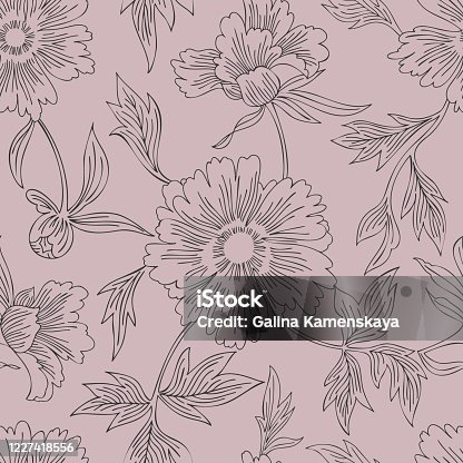 istock Hand drawn abstract garden flowers. Contour drawing. Large daisy heads in bloom. Summer floral seamless pattern. Line art flowers. Detailed outline sketch drawing. Fashion design, vintage style. 1227418556