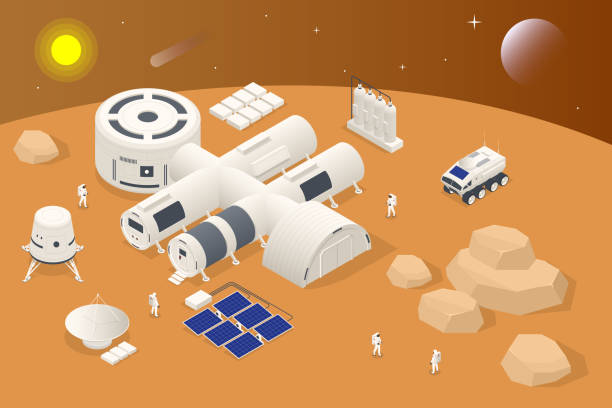 Isometric Mars Colonization, Biological terraforming, Paraterraforming, Adapting humans on Mars. Astronautics, space technology. Communication Center with Residential Compartments, Base Infrastructure Isometric Mars Colonization, Biological terraforming, Paraterraforming, Adapting humans on Mars. Astronautics, space technology Communication Center with Residential Compartments, Base Infrastructure lander spacecraft stock illustrations